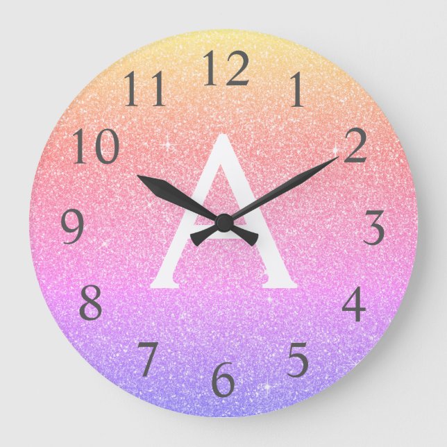 Rainbow Sparkle Glitter Monogram Name & Initial Large Clock (Front)