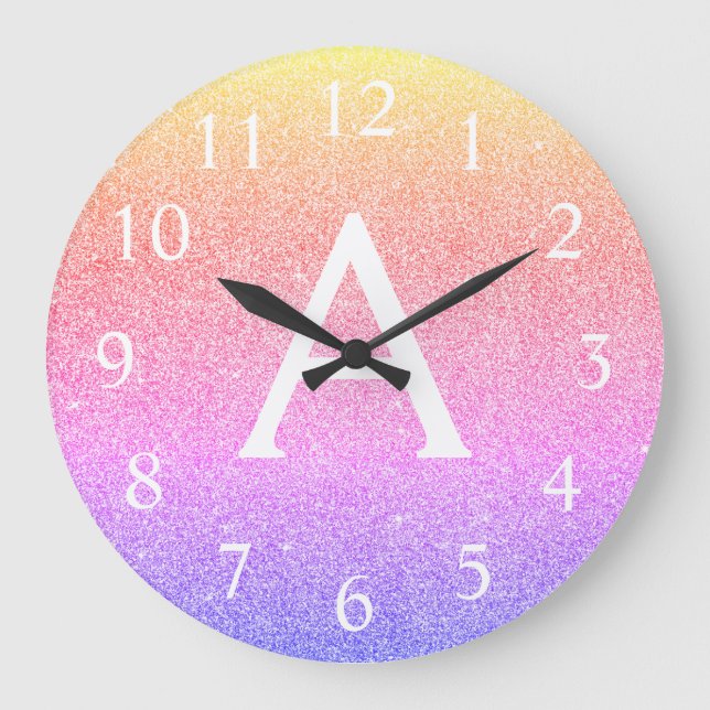 Rainbow Sparkle Glitter Monogram Name Large Clock (Front)