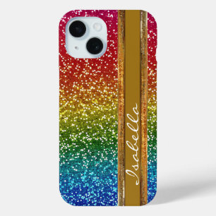 Rainbow Sparkle Glitter, Personalised with Name iPhone 15 Case