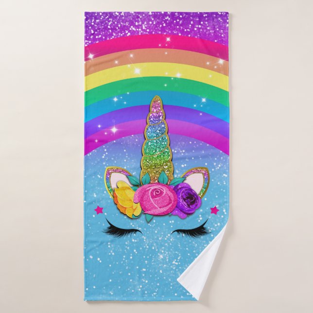 Rainbow Sparkle Glittery Unicorn Horn Face Bath Towel Set (Bath Towel)