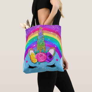 Rainbow Sparkle Glittery Unicorn Horn Face Girls Tote Bag