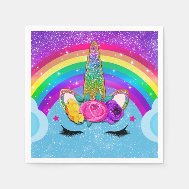 Rainbow Sparkle Glittery Unicorn Horn Face Party Napkin (Front)