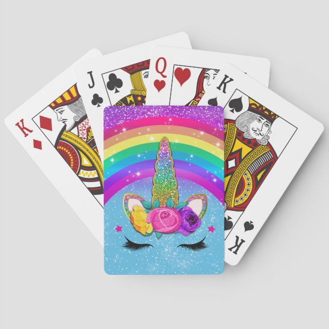 Rainbow Sparkle Glittery Unicorn Horn Face Playing Cards (Back)