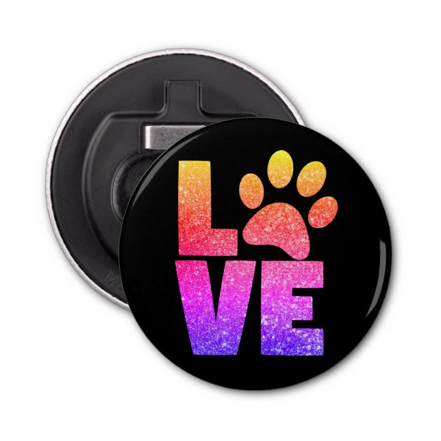 Rainbow Sparkle - Paw Print Love on Black Bottle Opener (Front)