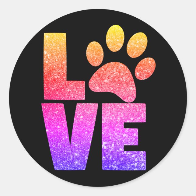 Rainbow Sparkle - Paw Print Love on Black Classic Round Sticker (Front)