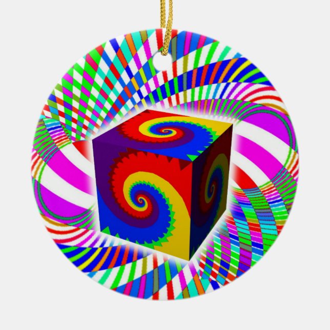 Rainbow Spiral Cube Ceramic Ornament (Front)
