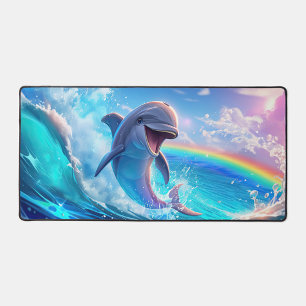 Rainbow Splash Dolphin Illustration Desk Mat