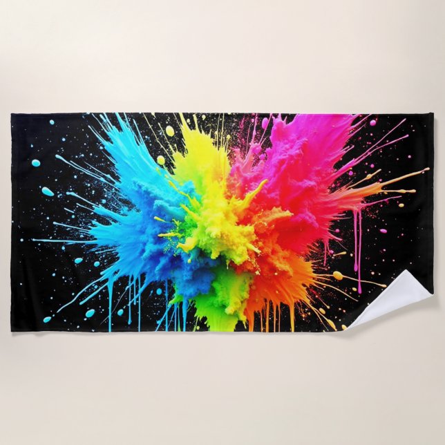 Rainbow Splash Powder Art Beach Towel (Front)