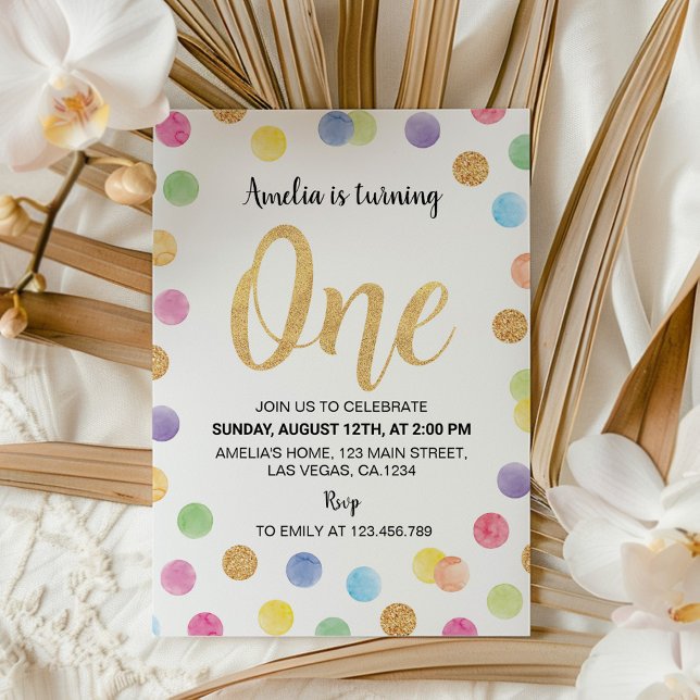 Rainbow Spot 1st Birthday Invitation Polka Dots (Creator Uploaded)