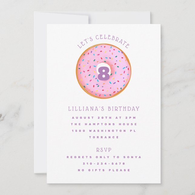 Rainbow Sprinkle Doughnut Pink Purple Kids Birthda Invitation (Front)