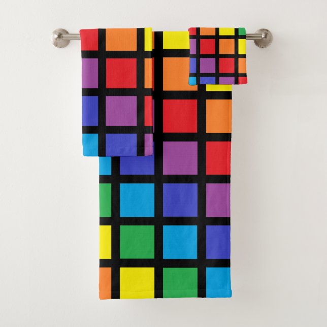 Rainbow Squares Black Bath Towel Set (Insitu)