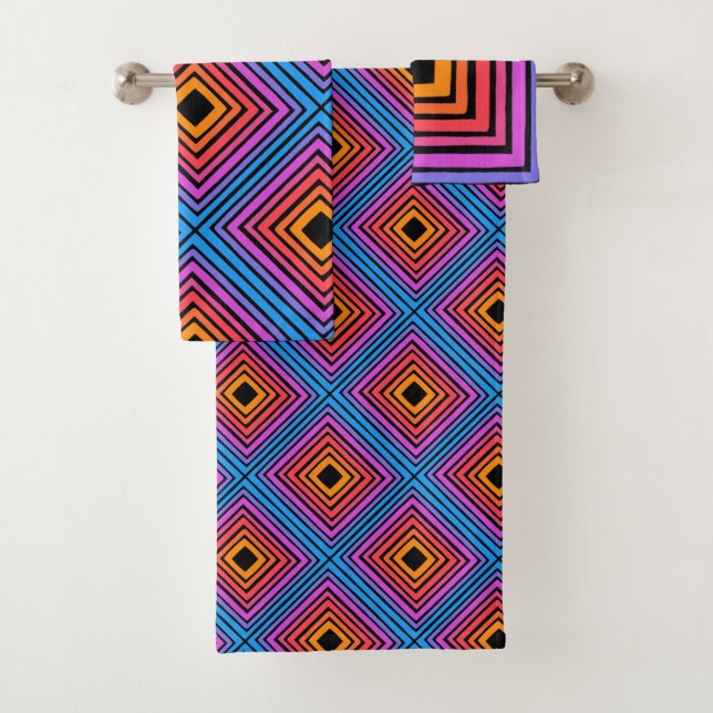 Rainbow Squares Geometric Tile Pattern Neon Bath Towel Set (Insitu)