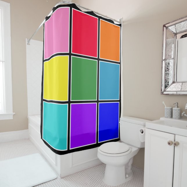 Rainbow Squares on Black Shower Curtain (In Situ)