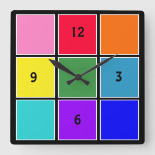 Rainbow Squares on Black Square Wall Clock