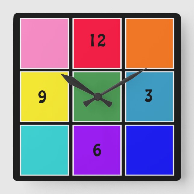 Rainbow Squares on Black  Square Wall Clock (Front)