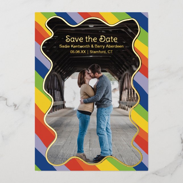 Rainbow Squiggle Modern Wedding Save the Date (Front)