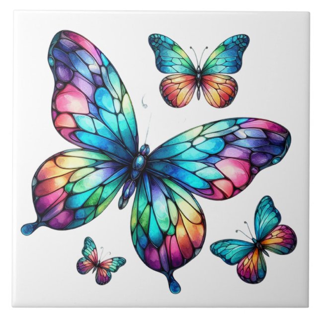 Rainbow Stained Glass Butterflies Illuminated Ceramic Tile (Front)
