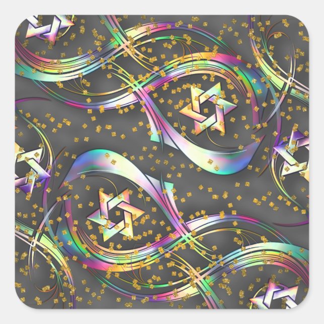 Rainbow Star Flourish Gold Confetti Square Sticker (Front)