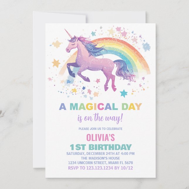 Rainbow Star Unicorn Birthday Invitations (Front)