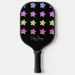 Rainbow Stars Gradient Black Script Name Pickleball Paddle