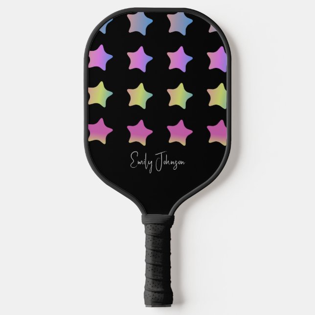 Rainbow Stars Gradient Black Script Name  Pickleball Paddle (Front)