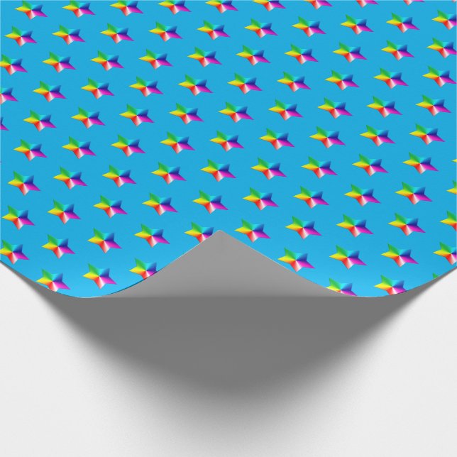 rainbow stars on aqua blue wrapping paper (Corner)