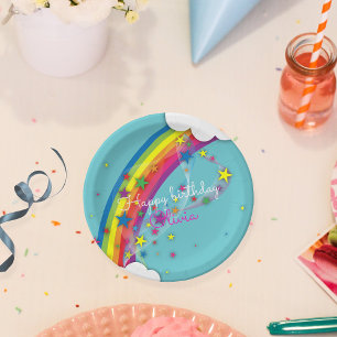 Rainbow Stars Sky Clouds & Name Happy Birthday Paper Plate