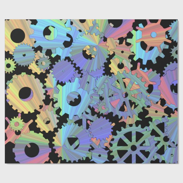 Rainbow steampunk metal gears art wrapping paper (Flat)