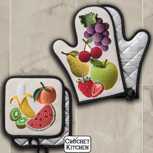 Rainbow Stickerbomb Crochet Fruit Collage Oven Mitt & Pot Holder Set