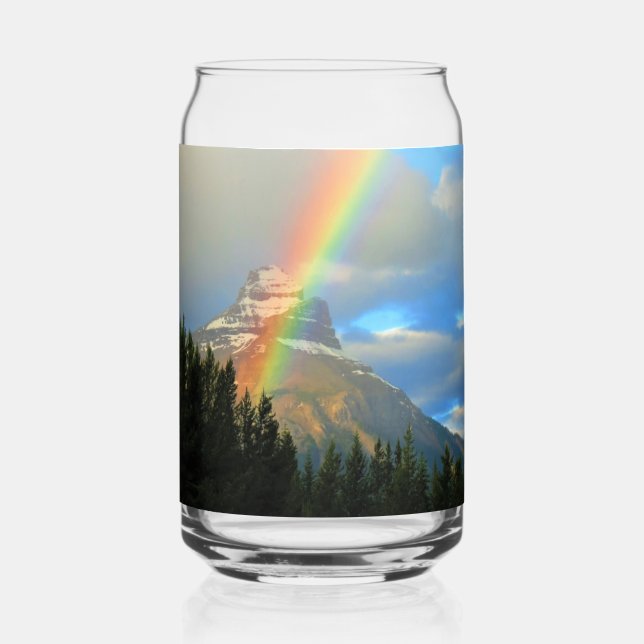 Rainbow & Storm Clouds Over Snowy Canada Mountain Can Glass (Front)