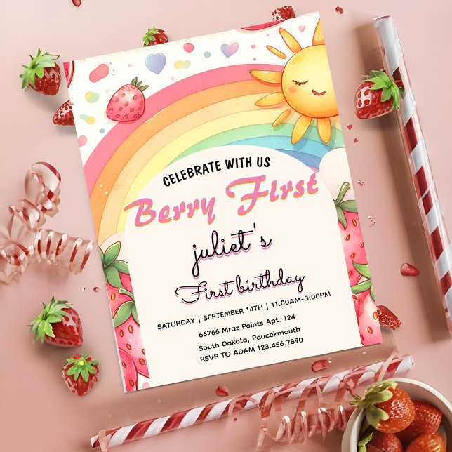 rainbow strawberry berry first 1st party birthday invitation (Creator Uploaded)