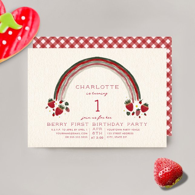 Rainbow Strawberry Berry Gingham First Birthday Invitation (Creator Uploaded)