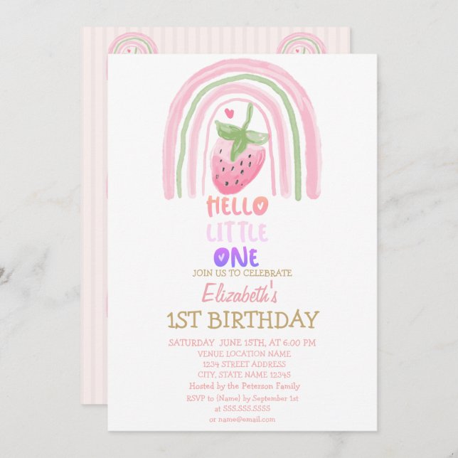 Rainbow Strawberry Stripe Hello Little One  Invitation (Front/Back)