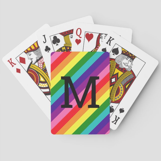 Rainbow Stripe Black Monogram Initial Playing Cards (Back)
