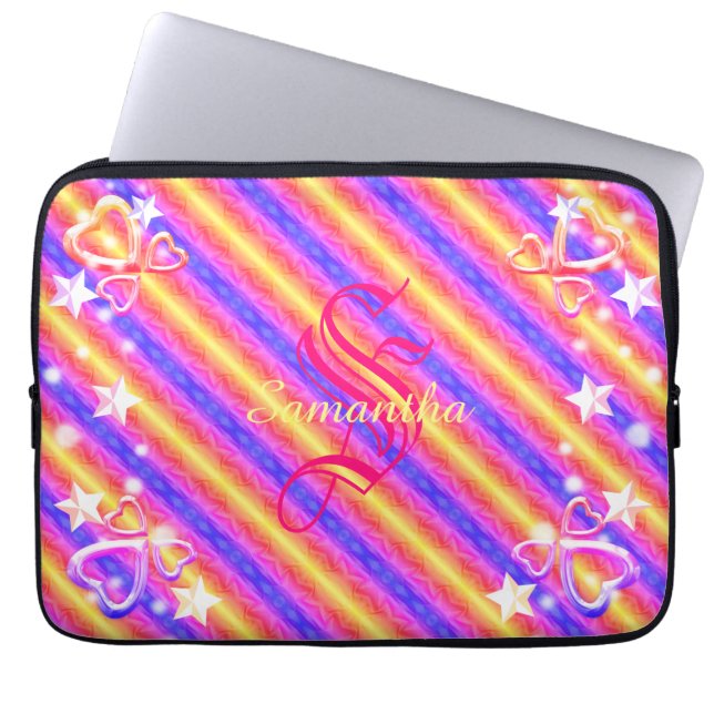 Rainbow Stripe Monogram Name Sparkle Hearts Girly Laptop Sleeve (Front)