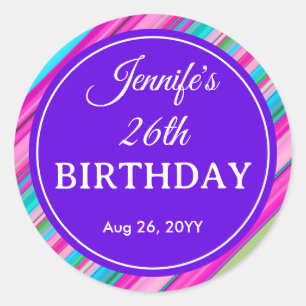 Rainbow Stripe Pattern Birthday Custom Text Classic Round Sticker