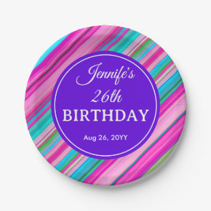 Rainbow Stripe Pattern Birthday Custom Text Paper Plate