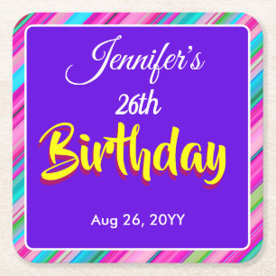 Rainbow Stripe Pattern Birthday Custom Text Square Paper Coaster