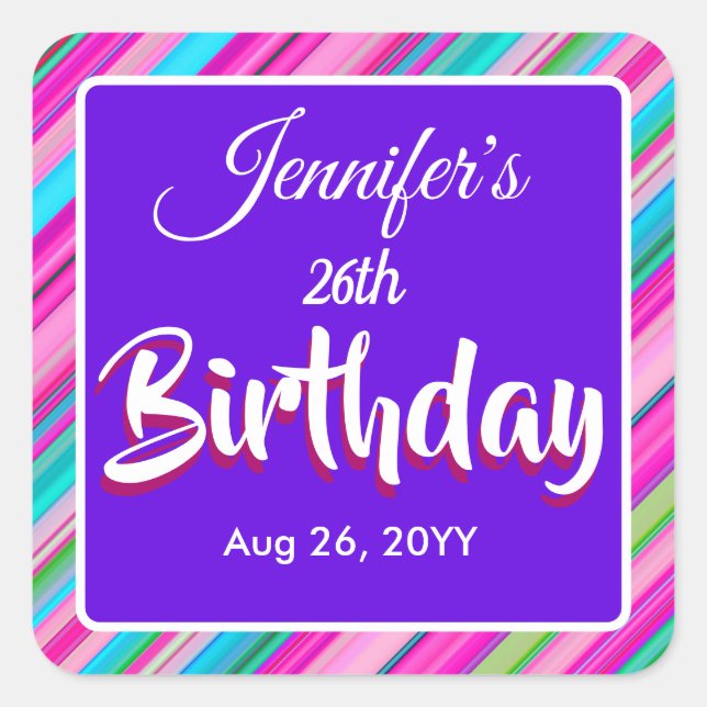 Rainbow Stripe Pattern Birthday Custom Text Square Sticker (Front)