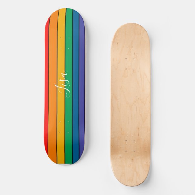 Rainbow Stripe Pride Flag LGBTQ Monogram - Name  Skateboard (Front)