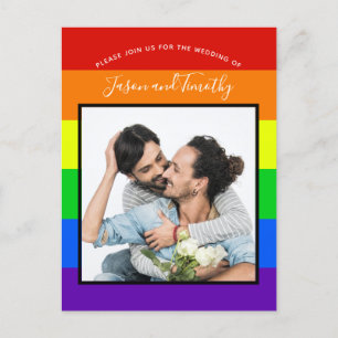 Rainbow Striped Couple Photo Wedding Invitation Postcard