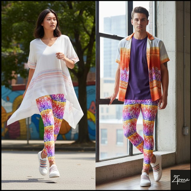 Rainbow Striped Crowded Dog Face Repeat Pattern Leggings (Creator Uploaded)