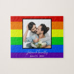 Rainbow Striped LGBTQ Couple Photo Anniversary Jigsaw Puzzle<br><div class="desc">This bold rainbow striped wedding anniversary puzzle gift features a custom romantic LGBTQ engagement photo for a gay or lesbian couple who loves bright and colourful gifts.  Personalise with your names and anniversary date on the red,  orange,  yellow,  green,  blue,  and purple stripes.</div>