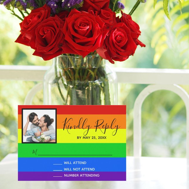 Rainbow Striped LGBTQ Couple Photo Gay Wedding RSVP Card (Creator Uploaded)