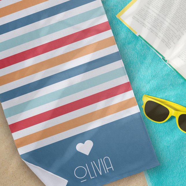 Rainbow Striped Monogram Heart  Beach Towel (Creator Uploaded)