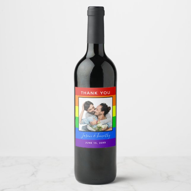Rainbow Striped Photo LGBTQ Couple Wedding Wine Label (Front)