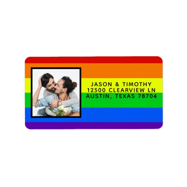 Rainbow Striped Photo LGBTQ Gay Pride Wedding Label (Front)