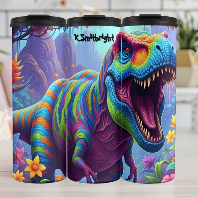 Rainbow Striped T-Rex Roaring Jungle Thermal Tumbler (Creator Uploaded)