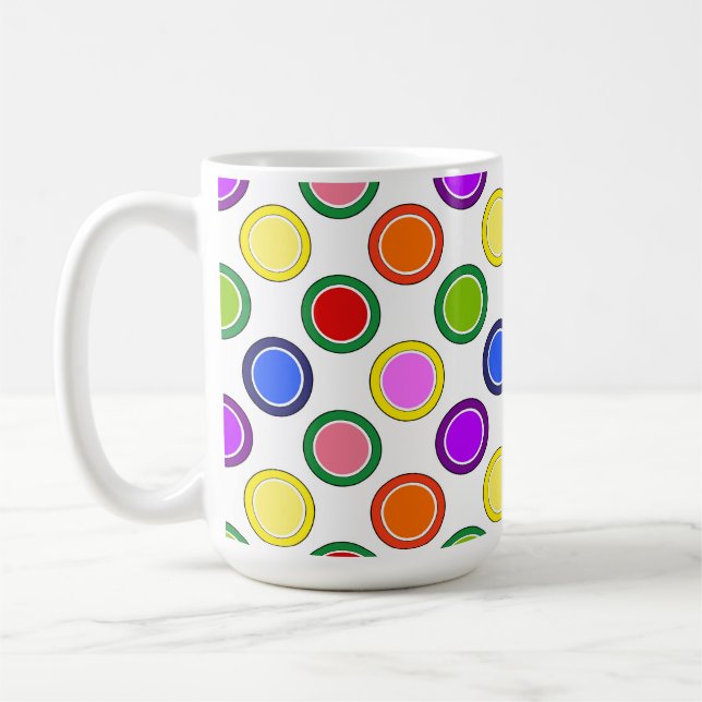 Rainbow Stripes and Polka Dots Happy Colourful Coffee Mug (Left)