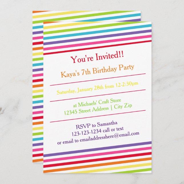 Rainbow Stripes Birthday Party - Invitation (Front/Back)